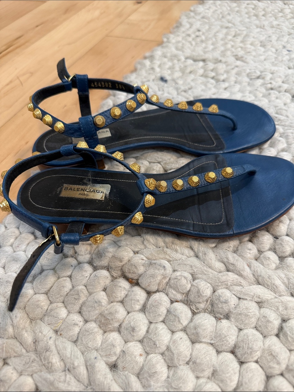 Balenciaga Blue Leather T-Strap Sandals with Gold Stud Accents - Picture 2 of 3